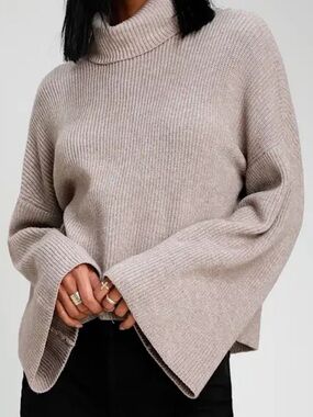 Lulu's Taupe Ribbed Turtleneck Bell-Sleeve Sweater